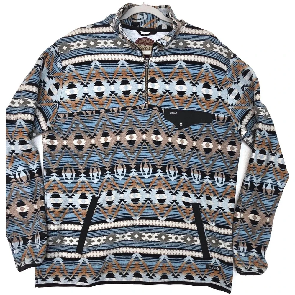 Rafter C Sweater Mens Medium Blue Aztec Quarter Zip Mock Neck Pockets Western
